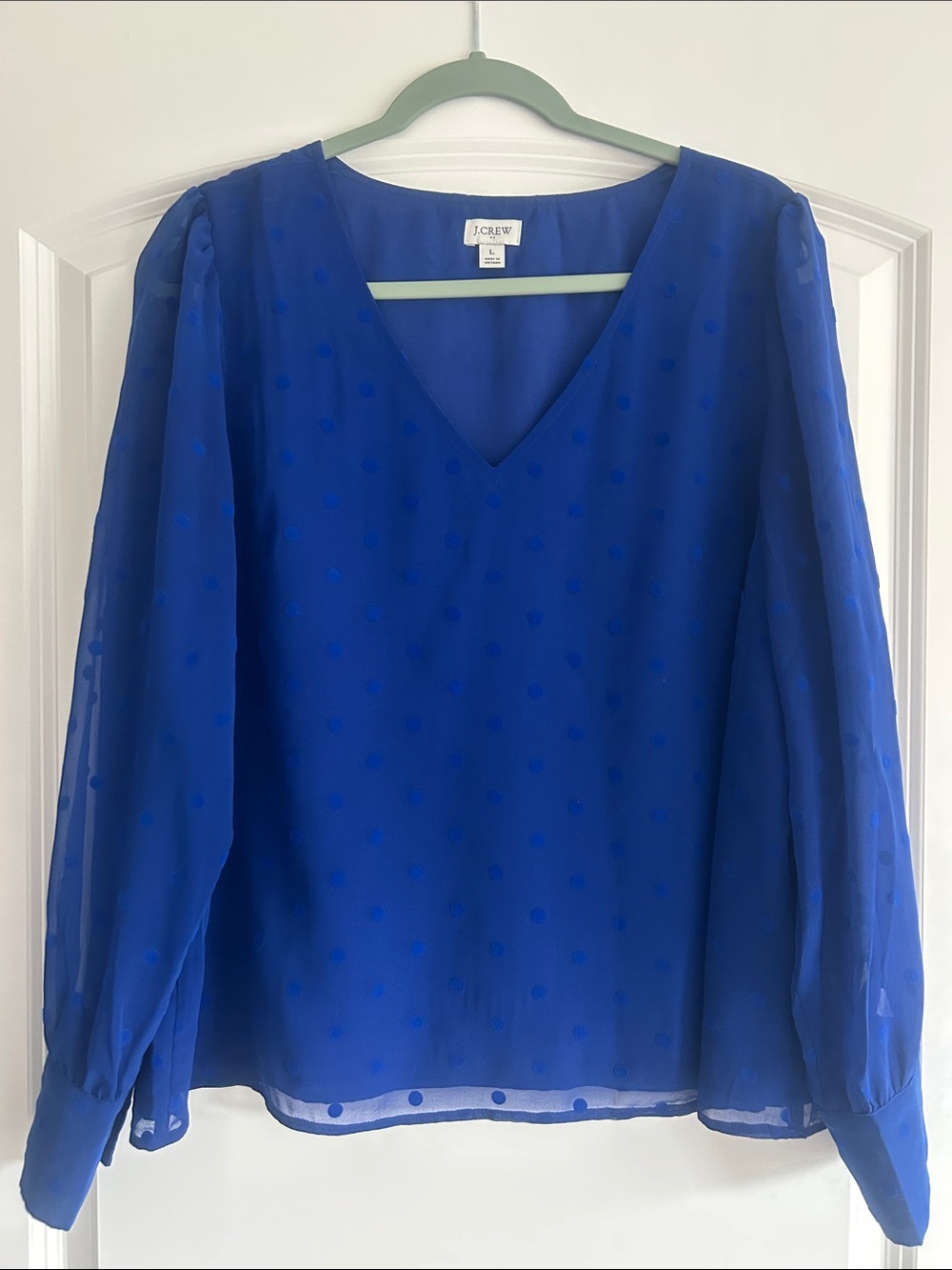 J. Crew Cobalt Blue Sheer Dot V-Neck Blouse